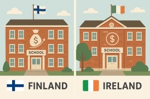 Sekolah di Finland dan Ireland dengan bendera negara masing-masing serta simbol wang